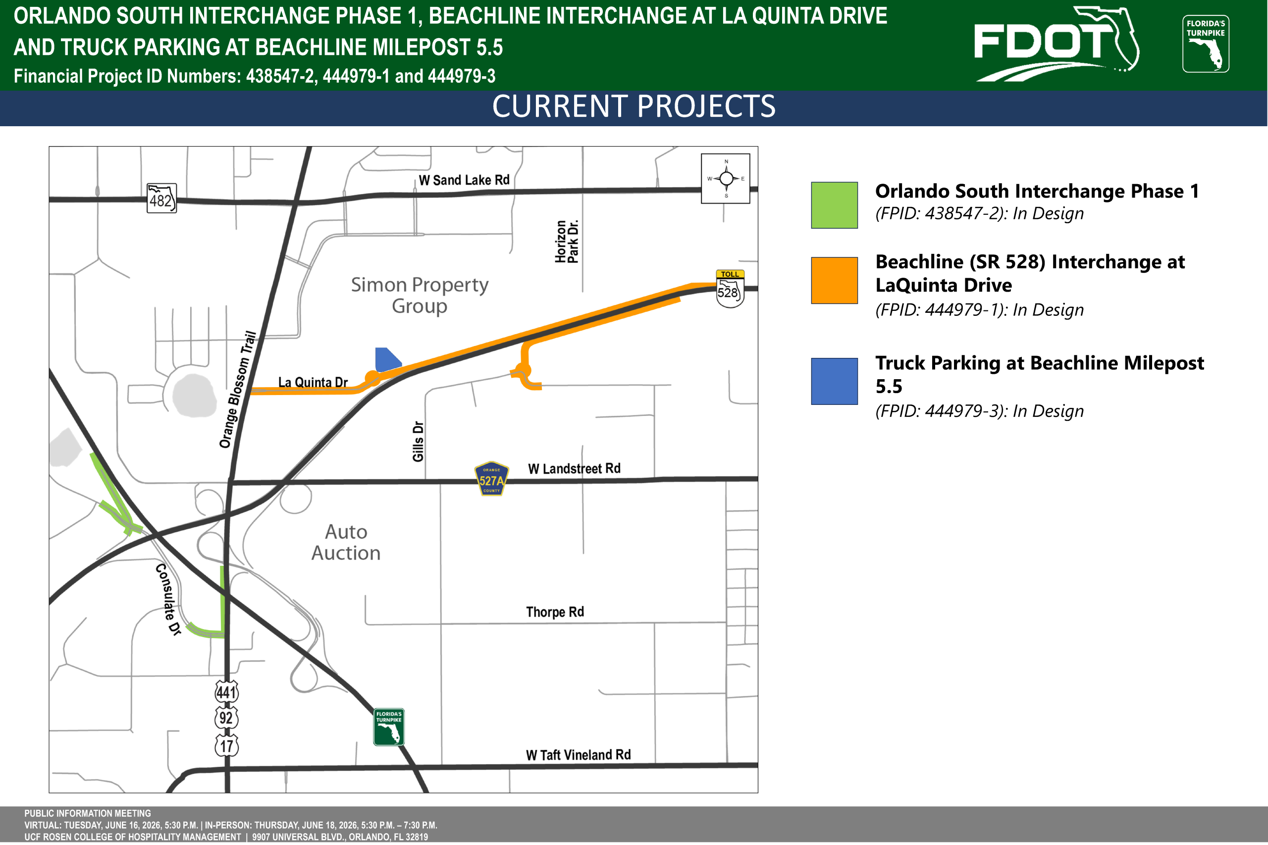 Map showing current projects: Orlando South Interchange, Beachline at La Quinta Drive, and truck parking at Beachline Milepost 5.5.