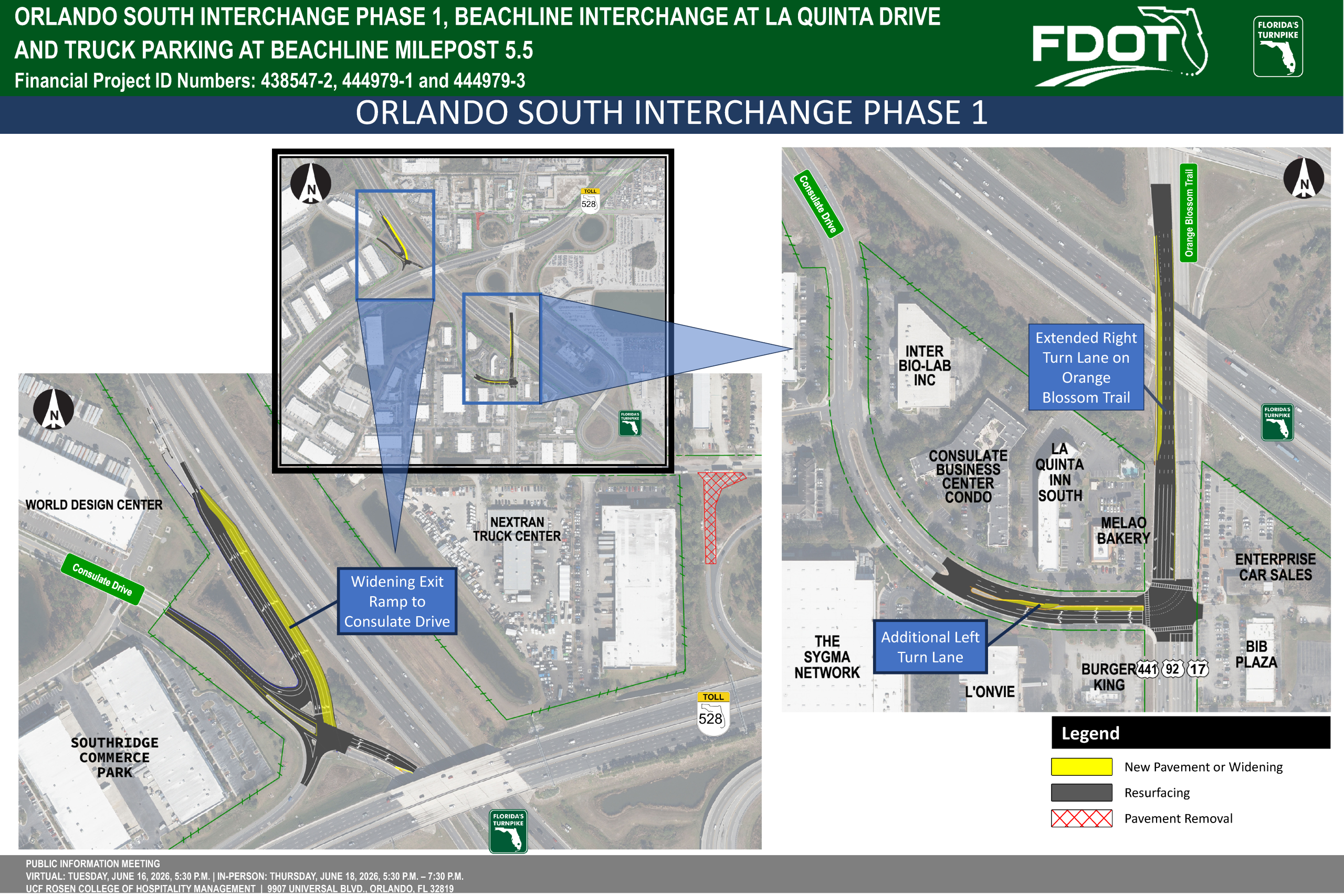 Map showing the Orlando South Interchange Phase 1, detailing road changes and nearby landmarks at Beachline Milepost 5.5.