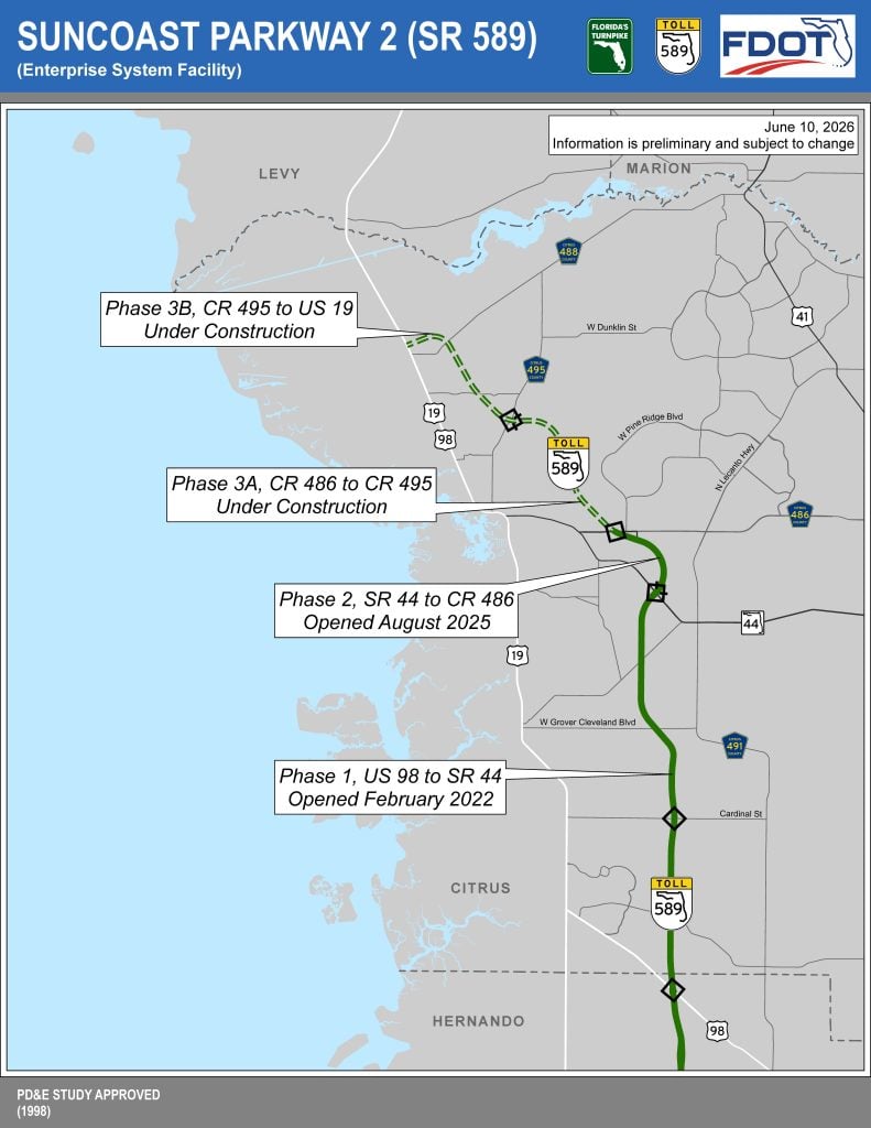 Map of Suncoast Parkway 2 (SR 589) showing construction phases, completed sections, and toll information.