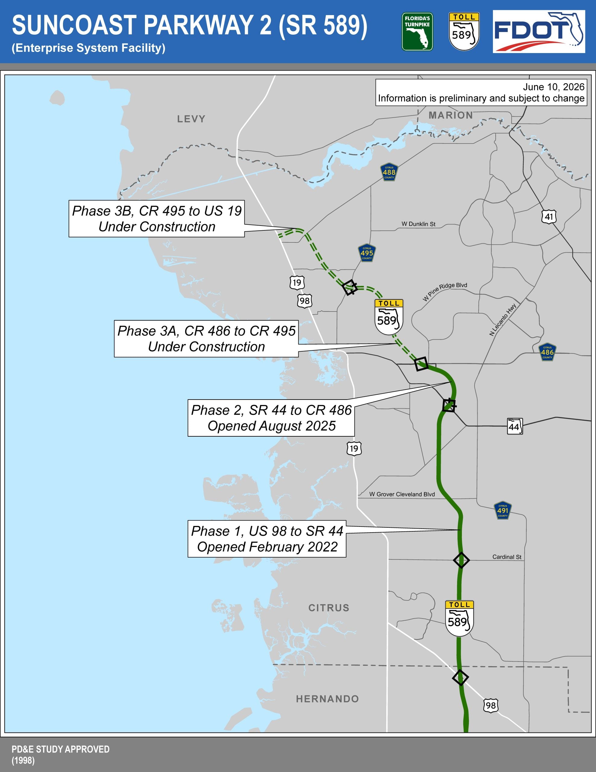 Map of Suncoast Parkway 2 (SR 589) showing construction phases, completed sections, and toll information.