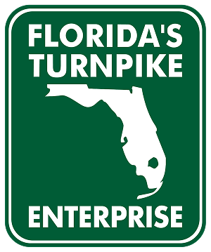 Green sign with white text reading Florida's Turnpike Enterprise and a silhouette of the state of Florida.