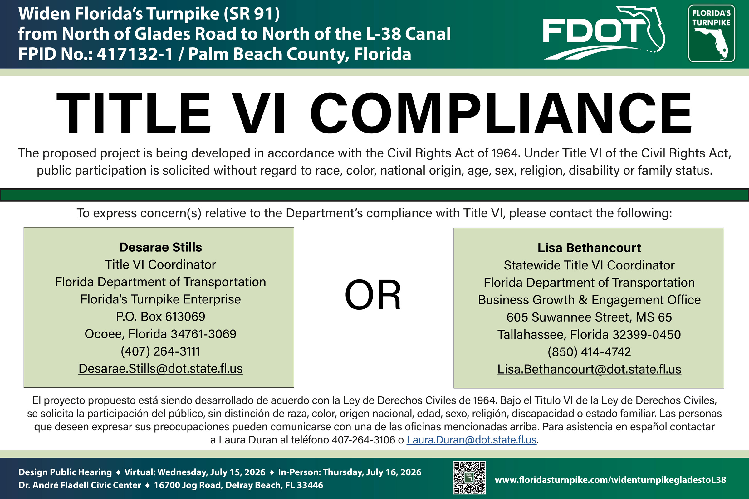 FDOT notice on Title VI compliance for a road widening project, including contact info for public concerns in English/Spanish.