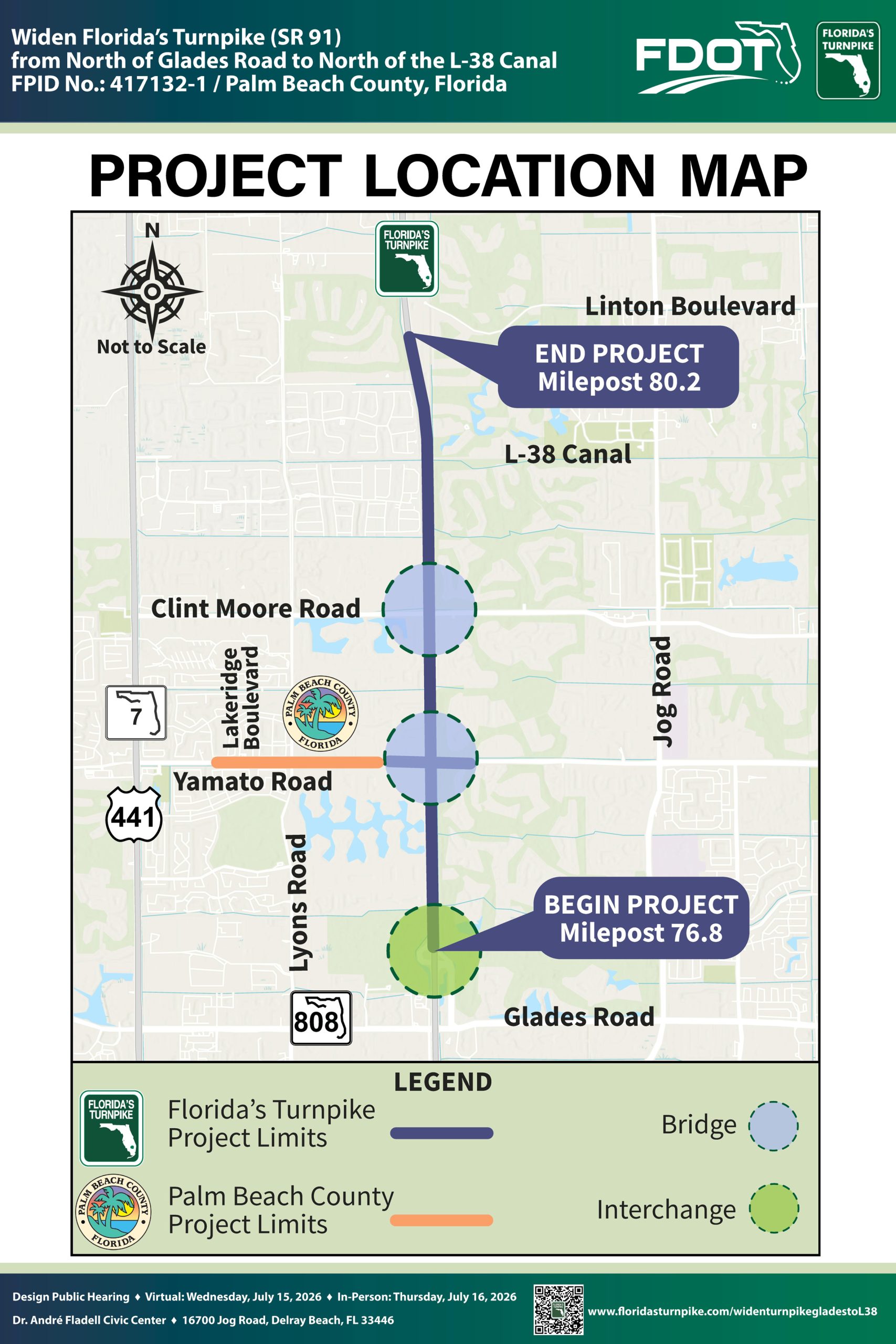 Map showing the project limits for widening Florida's Turnpike from Milepost 76.8 to 80.2 in Palm Beach County, Florida.
