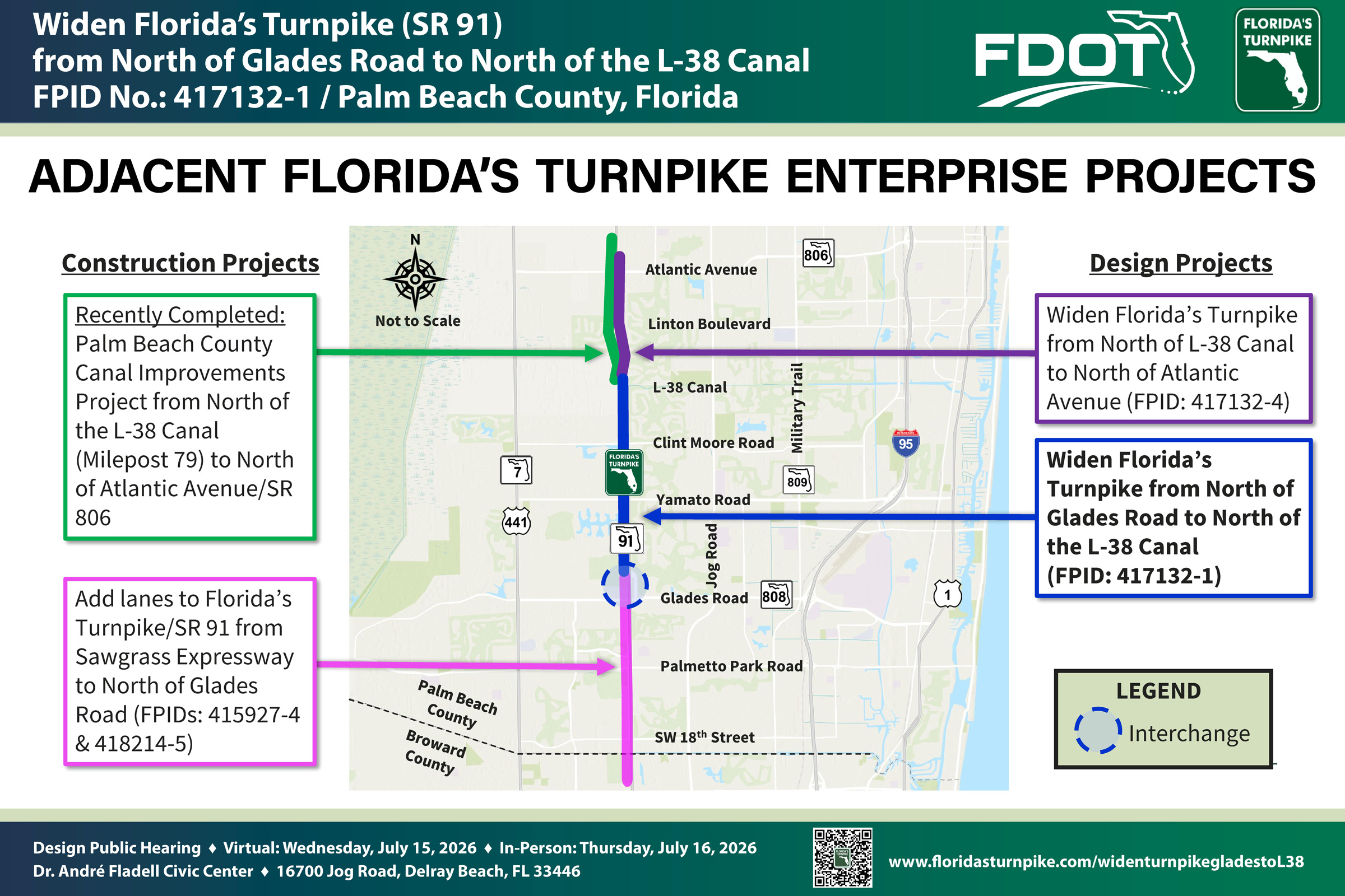 Map detailing construction and design projects for the widening of Florida's Turnpike in Palm Beach County, Florida.