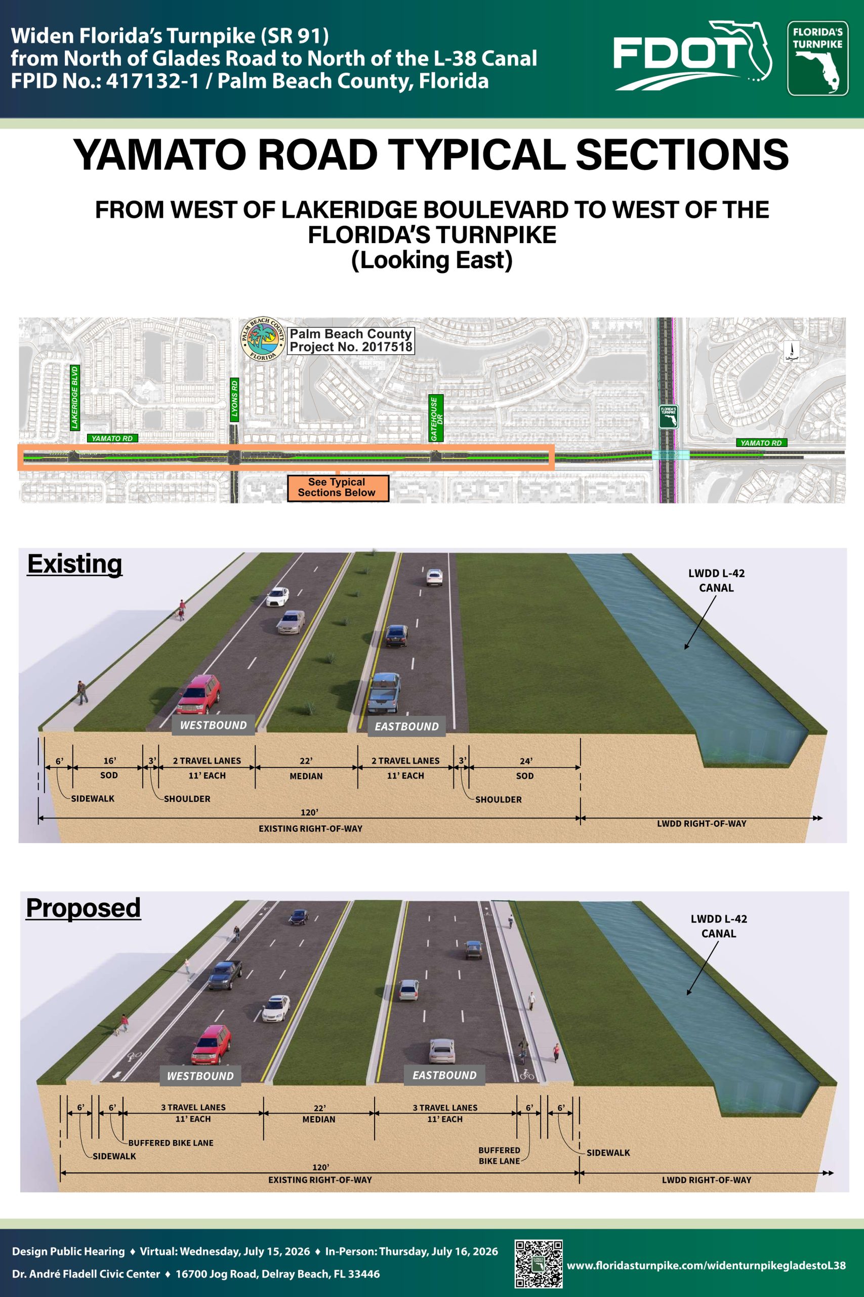 Diagram comparing existing and proposed road layouts for Yamato Road next to Florida's Turnpike, highlighting lane changes.