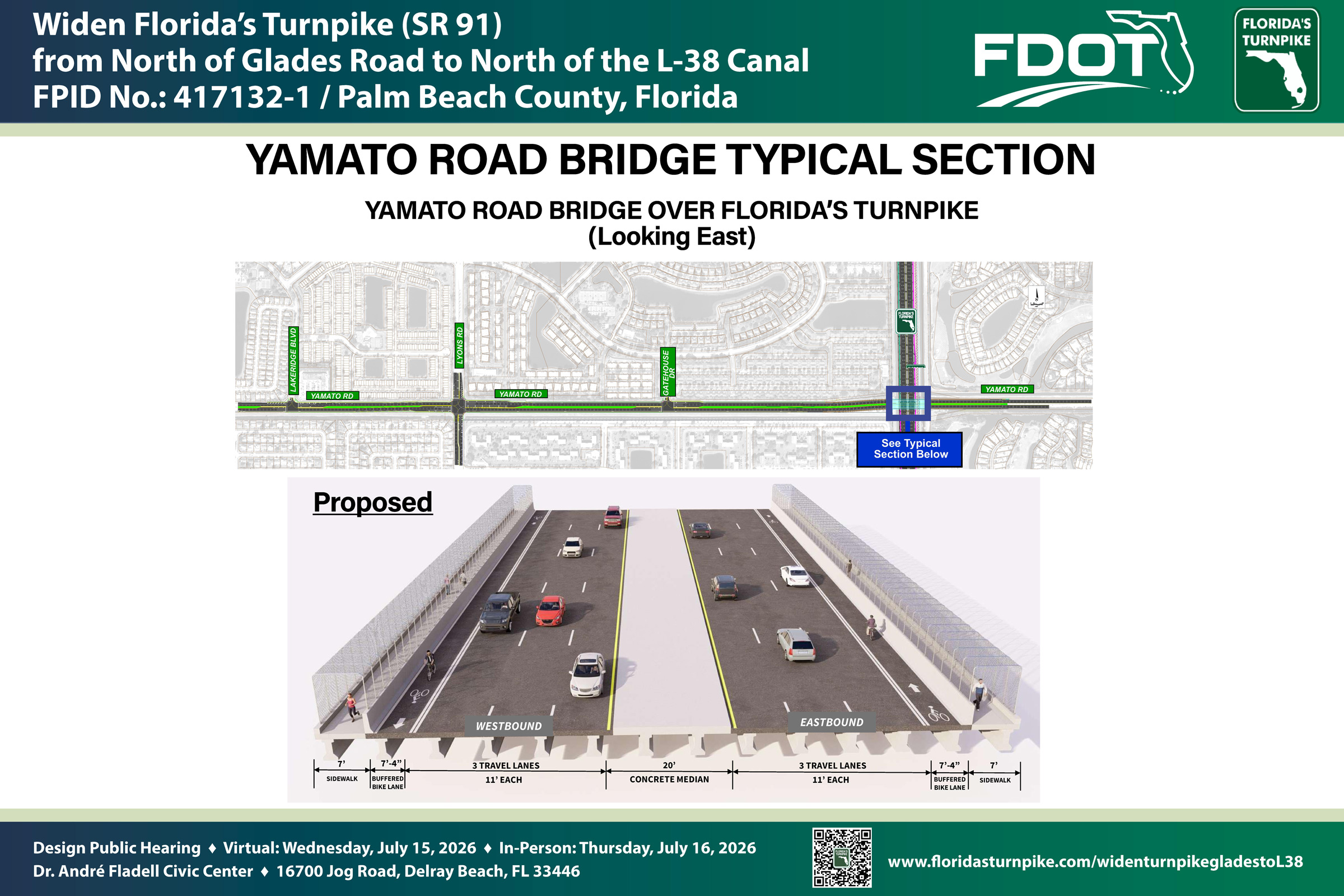 Proposed design for Yamato Road Bridge over Florida's Turnpike, showing lanes and bike paths looking eastward.