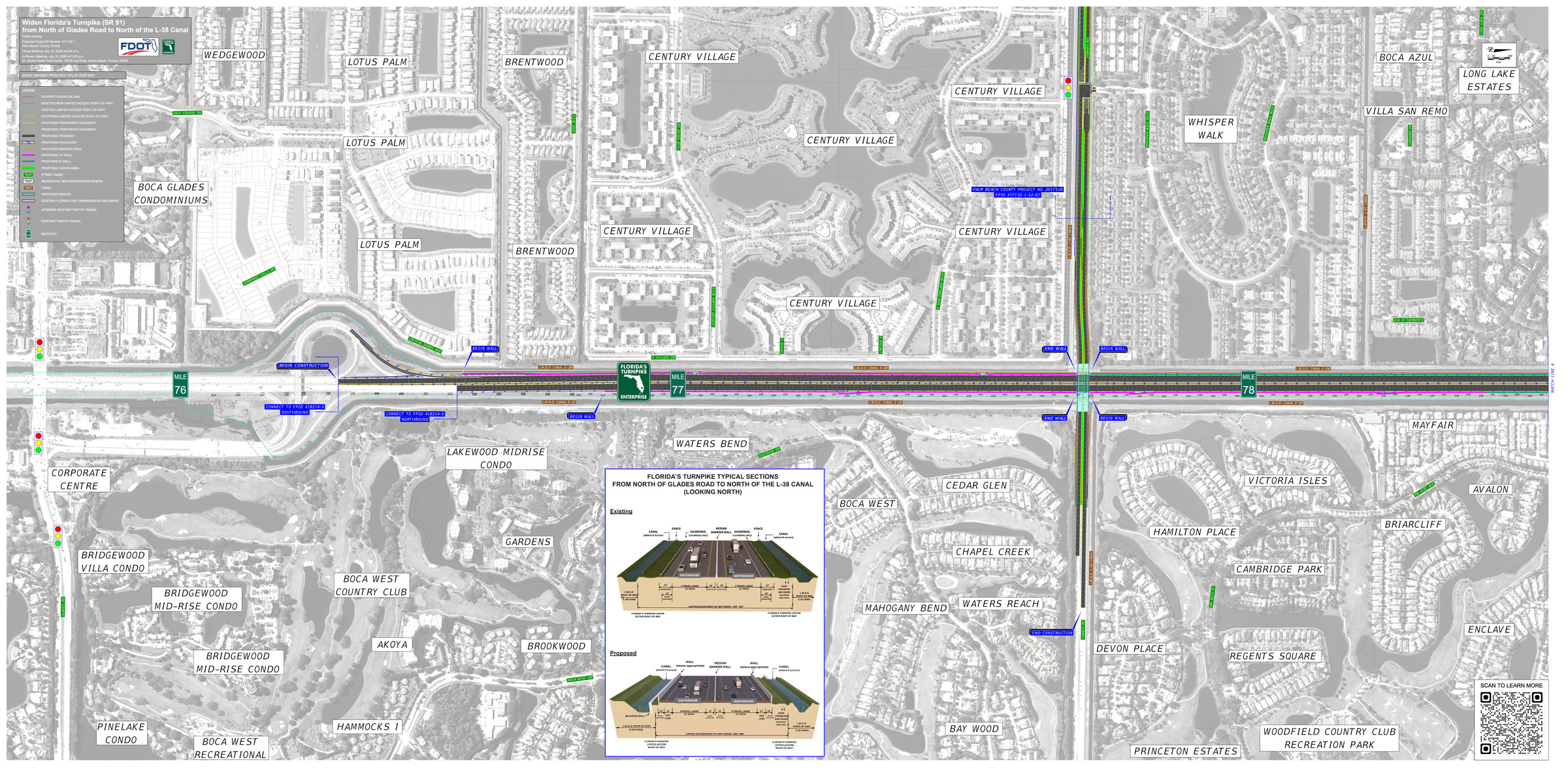 Map showing the widening project for Florida's Turnpike, featuring road sections and nearby landmarks from Glades Road to the L-38 Canal.
