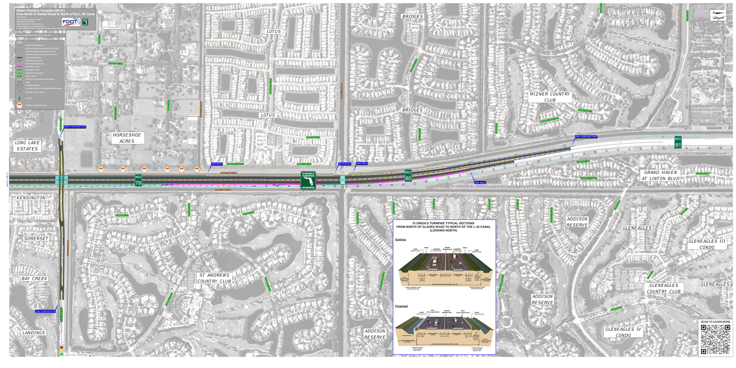 Map of Florida's Turnpike expansion, detailing road sections, mile markers, and nearby residential areas for navigation and planning.