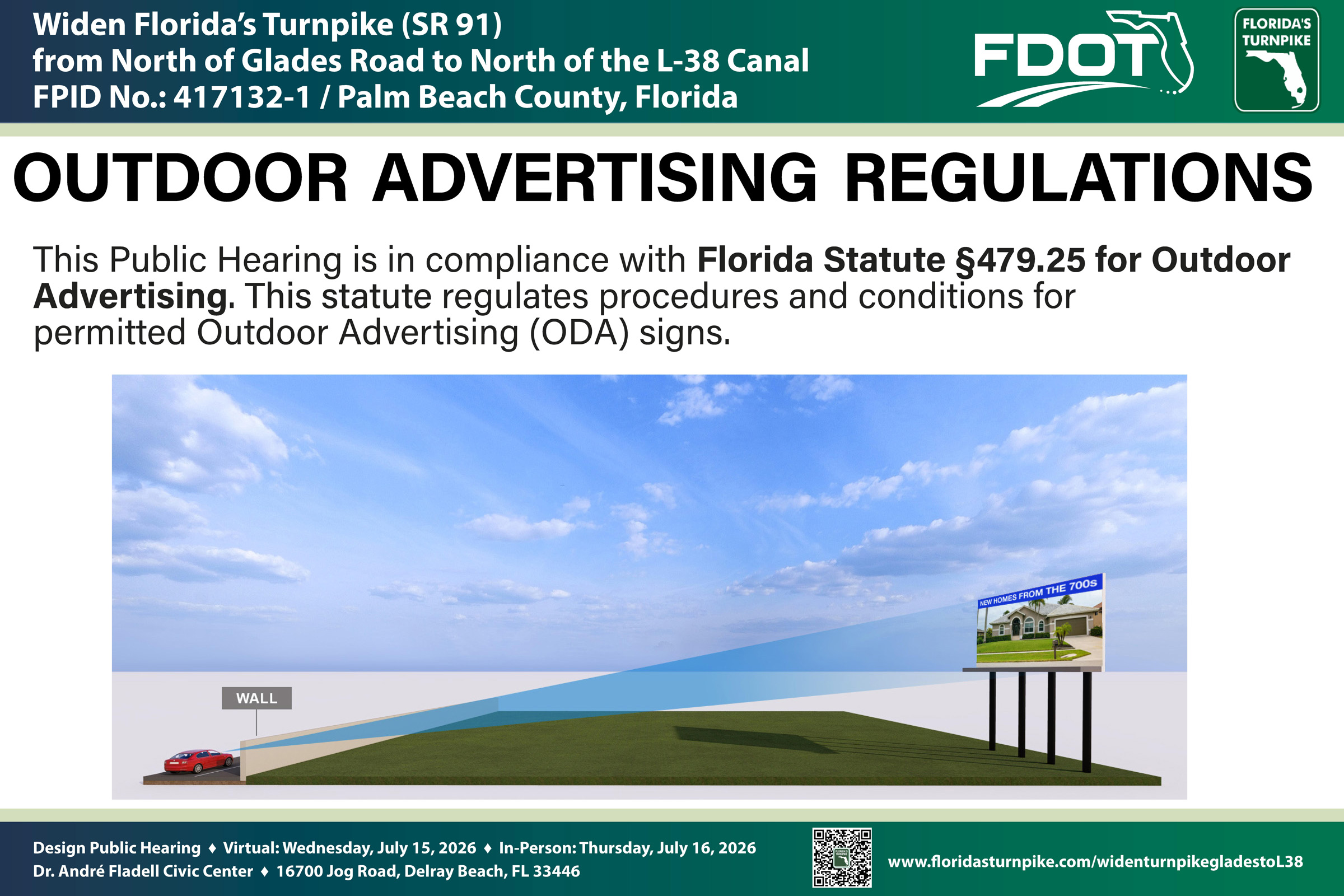Public hearing notice for outdoor advertising regulations in Florida with a sign mockup and relevant details.