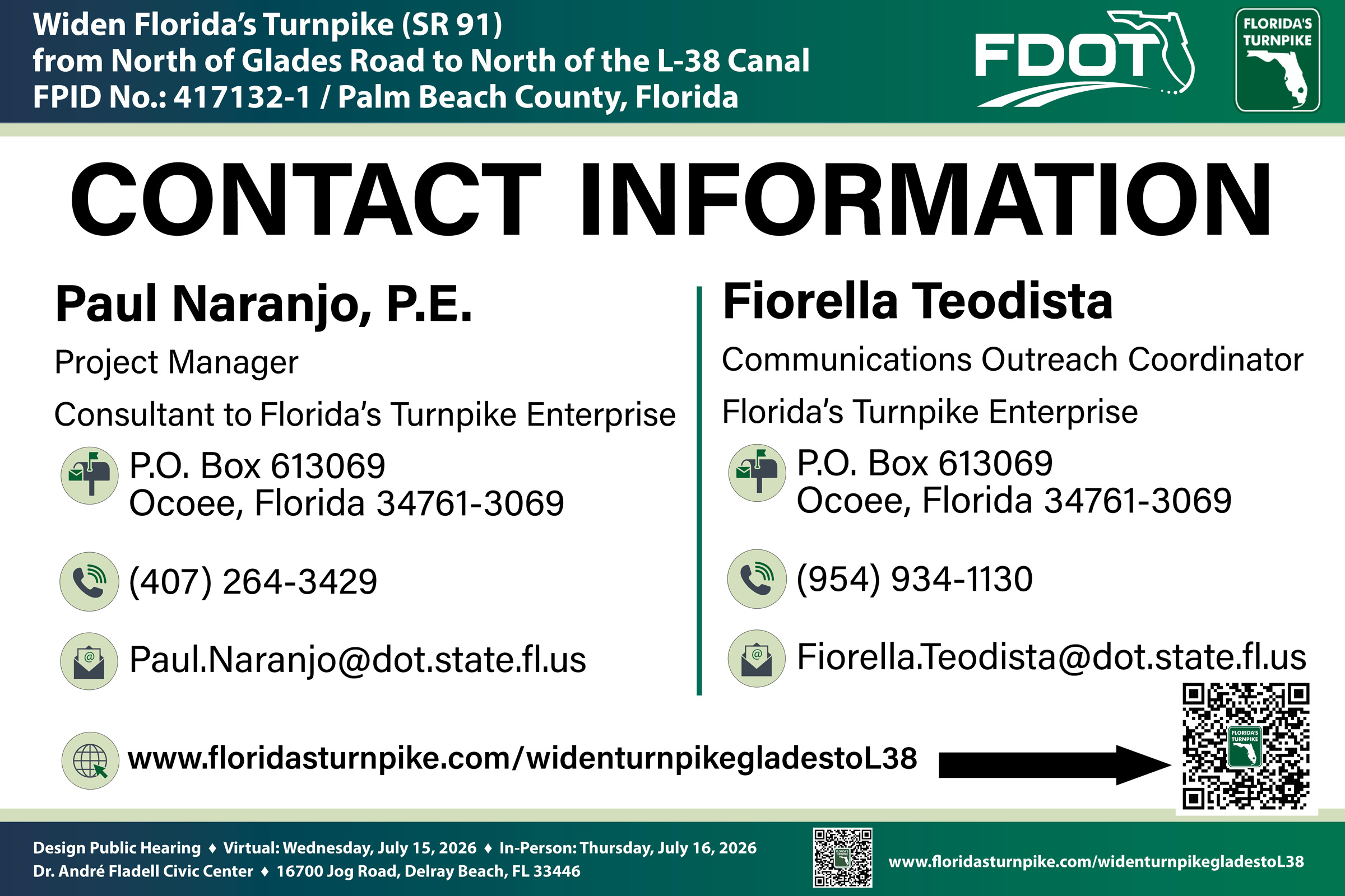 Contact information for the Florida Turnpike project, including names, roles, addresses, and phone numbers.