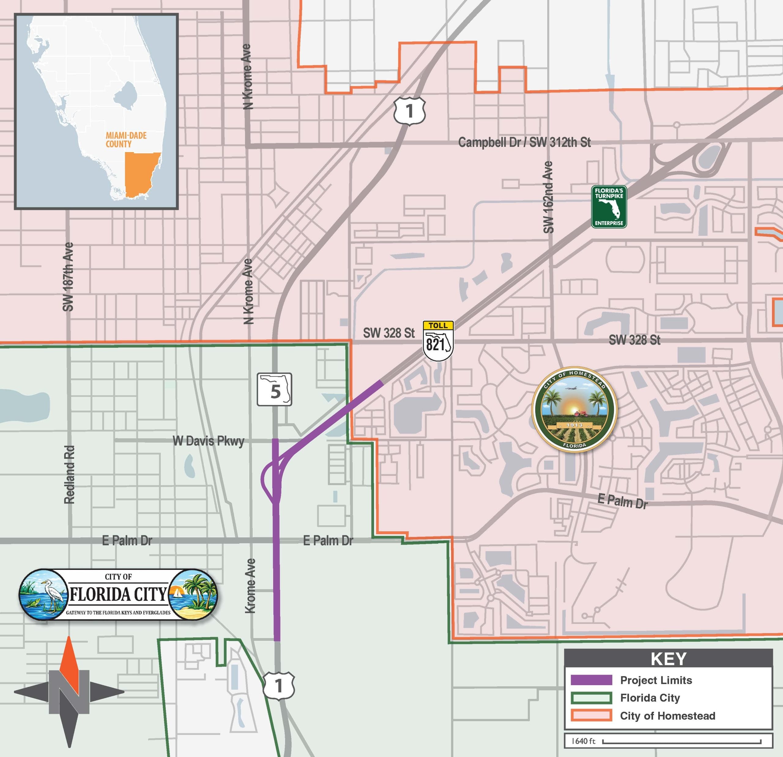 Map showing Florida City and surrounding area with project limits highlighted in purple; includes geographical details.