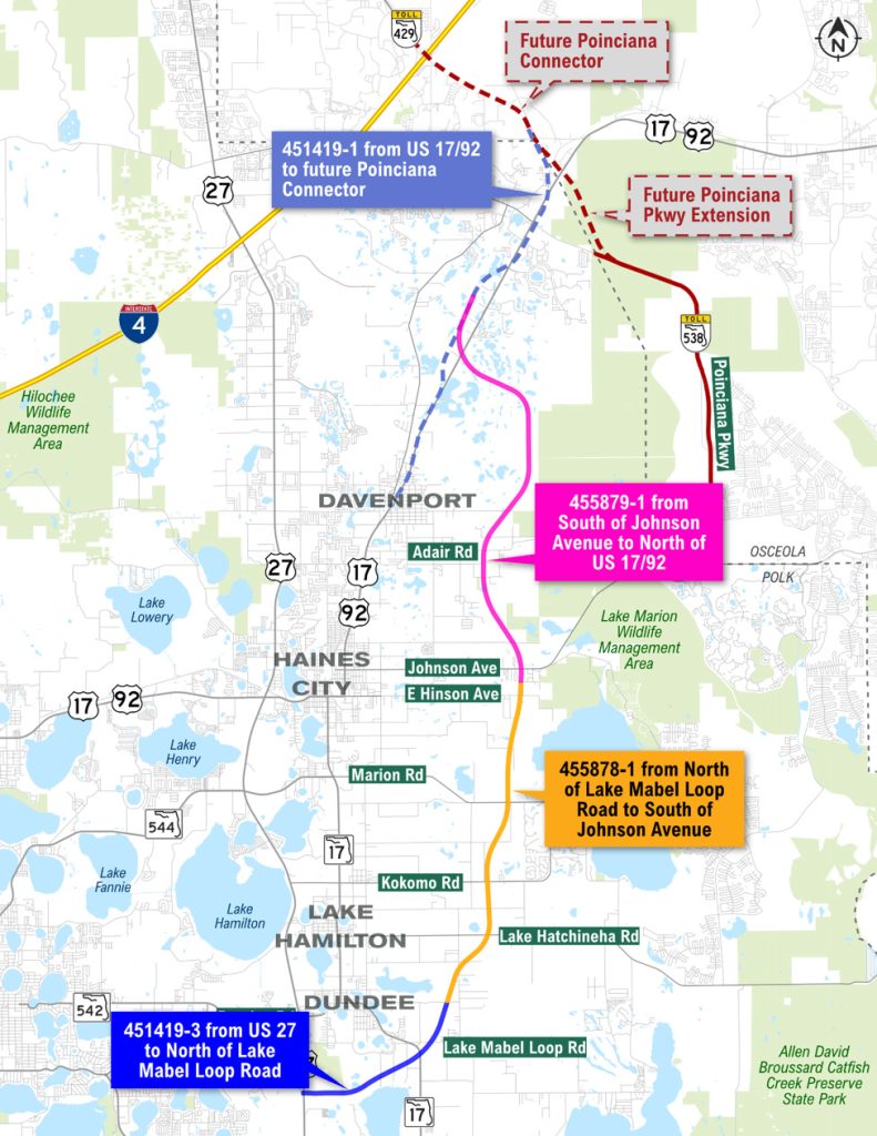 Map showing future Poinciana Connector routes and extensions between Davenport, Haines City, and Lake Hamilton.