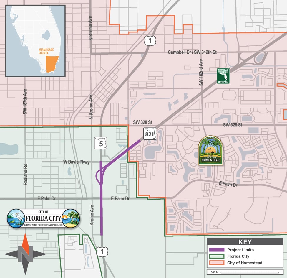 Project-map-improvements_for_the_existing_interchange_at_US_1_and_Floridas-Turnpike_in_Miami-Dade_County Map showing Florida City and Homestead with project limits outlined, location of landmarks, and Miami-Dade County inset. Project map improvements for the existing interchange at US 1 and Florida's Turnpike in Miami-Dade County