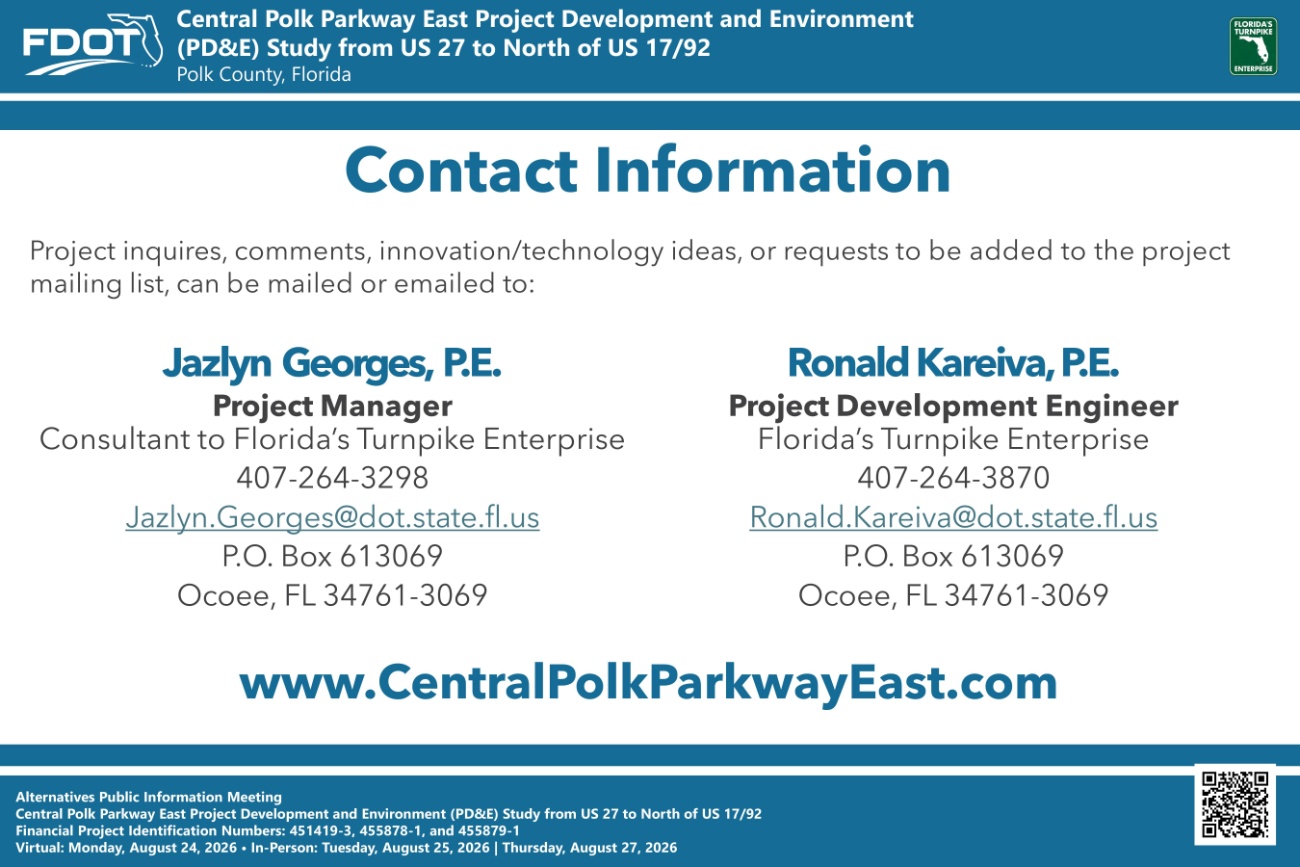 Contact information for the Central Polk Parkway East project, including names, roles, and contact details.