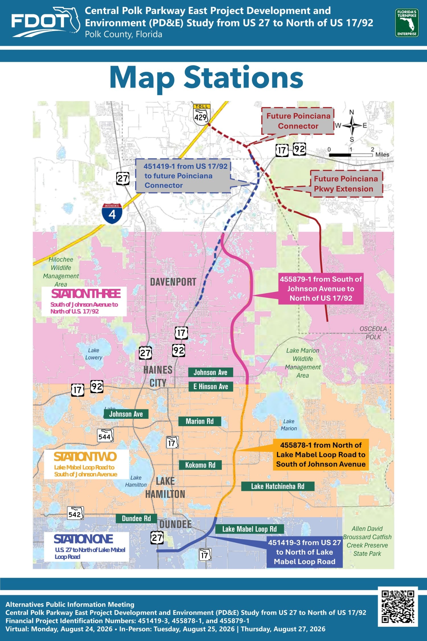 Map of Central Polk Parkway East Project showing routes, stations, and future connectors in Polk County, Florida.