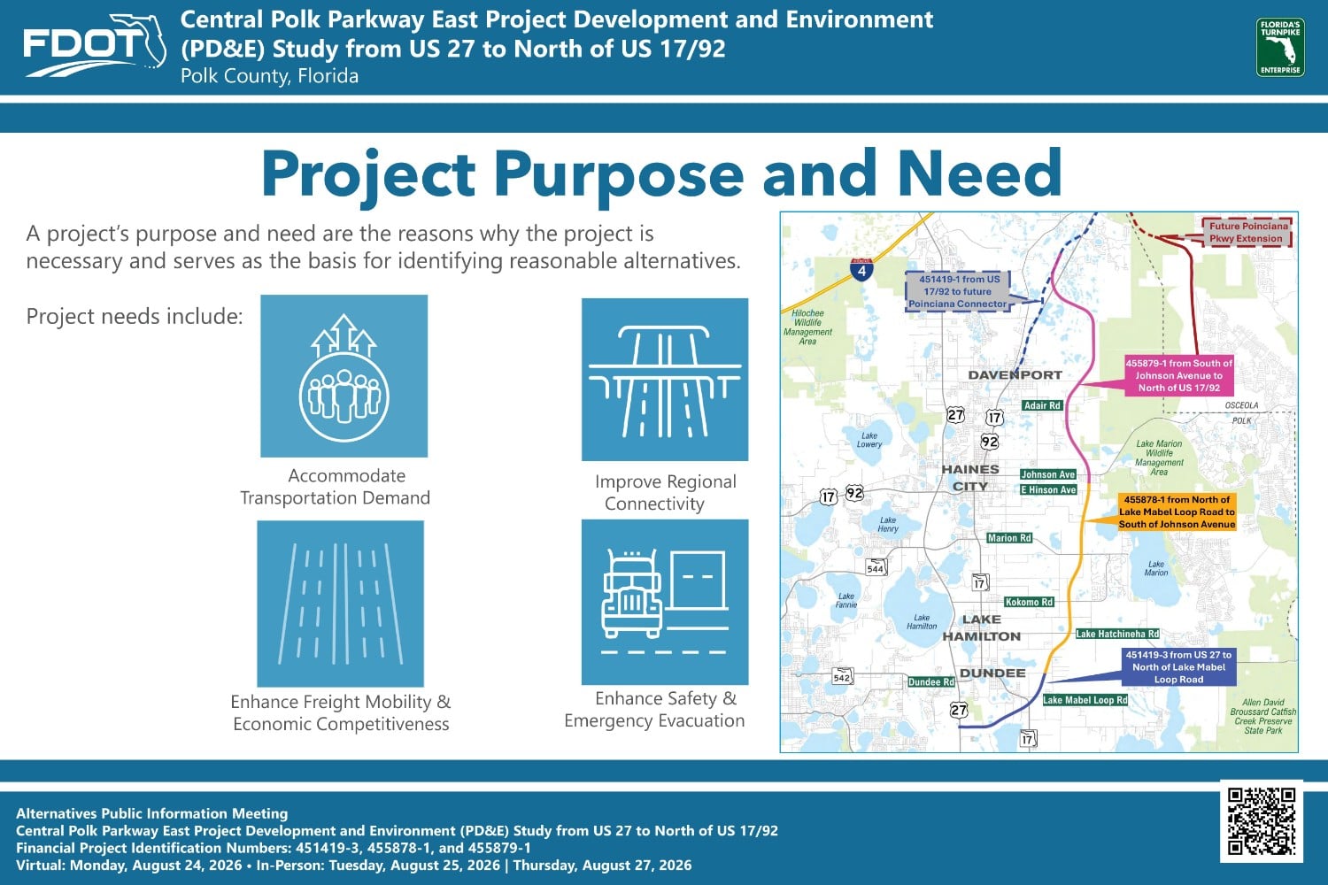 Infographic outlining the purpose and need for the Central Polk Parkway East project, including key objectives and a map.