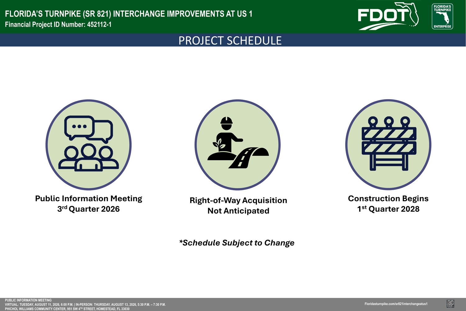Infographic listing project schedule: Public meeting (Q3 2026), no right-of-way needed, construction starts (Q1 2028).