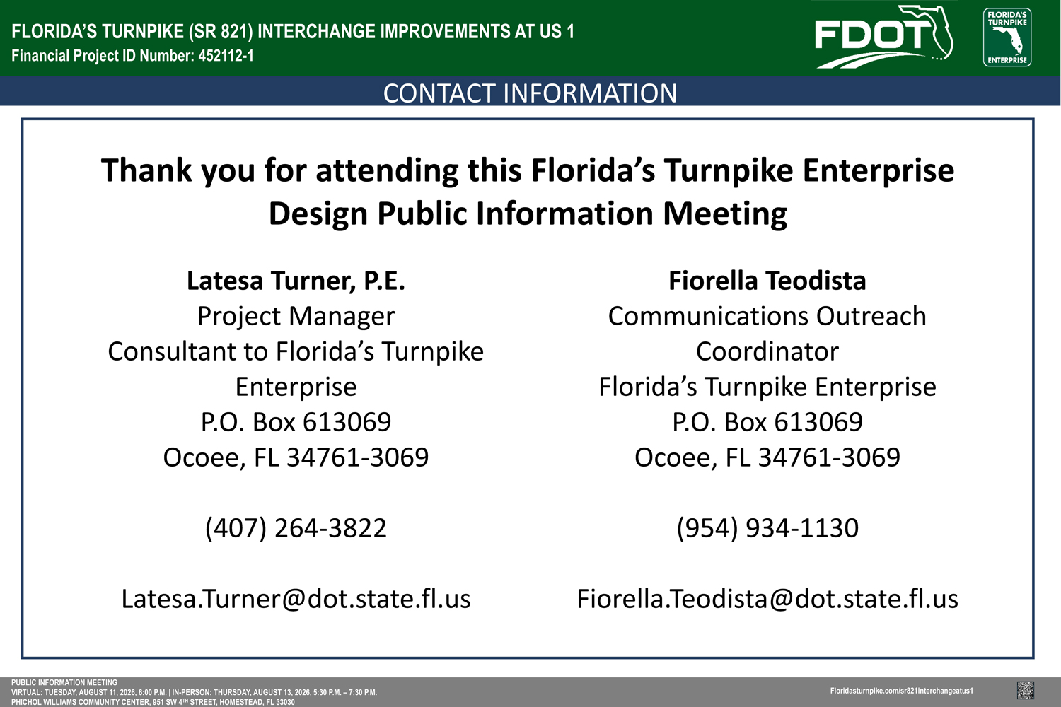 Contact information for Florida's Turnpike improvement meeting, featuring Latesa Turner and Fiorella Teodista.
