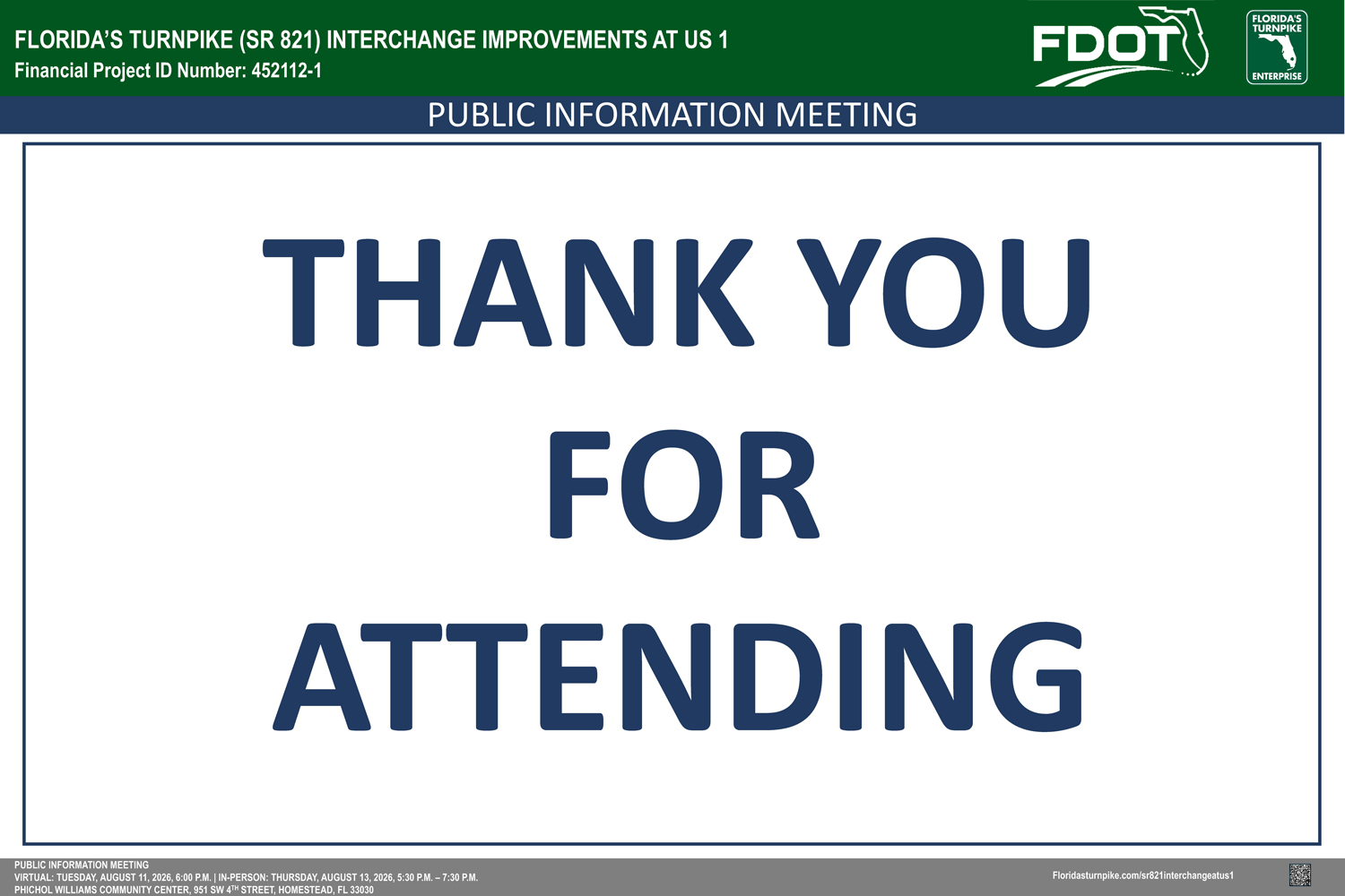Graphic with bold text that reads THANK YOU FOR ATTENDING at a public information meeting for Florida's Turnpike.
