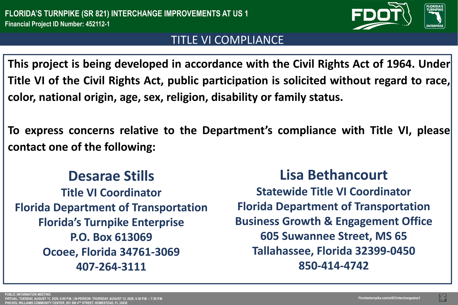 Title VI compliance notice for Florida's Turnpike improvements, with contact info for coordinators Desarae Stills and Lisa Bethancourt.