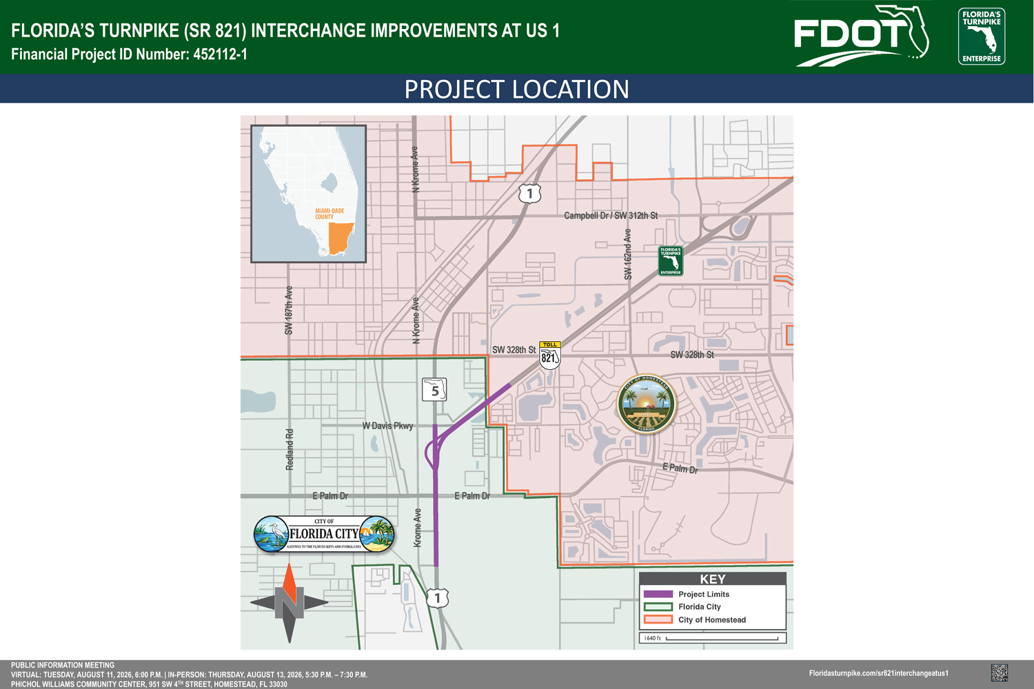 Map of Florida's Turnpike interchange improvements at US 1, highlighting project limits in Miami-Dade County.