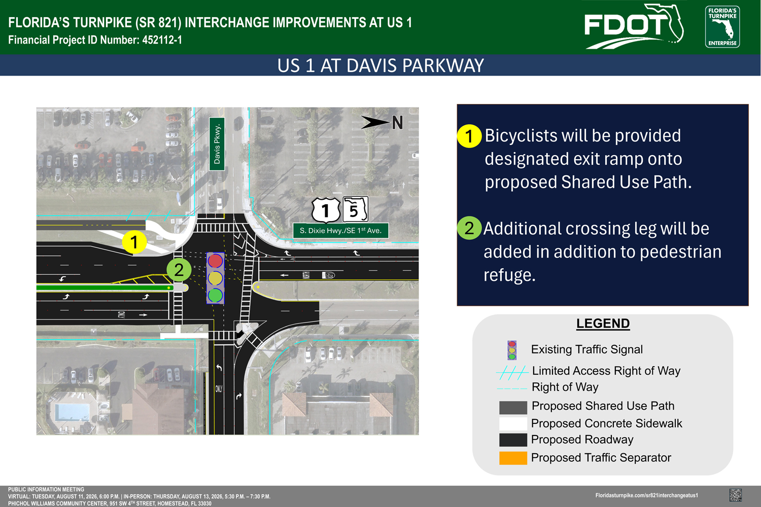 Map of US 1 at Davis Parkway showing proposed bike path, pedestrian crossings, and traffic improvements for safety.