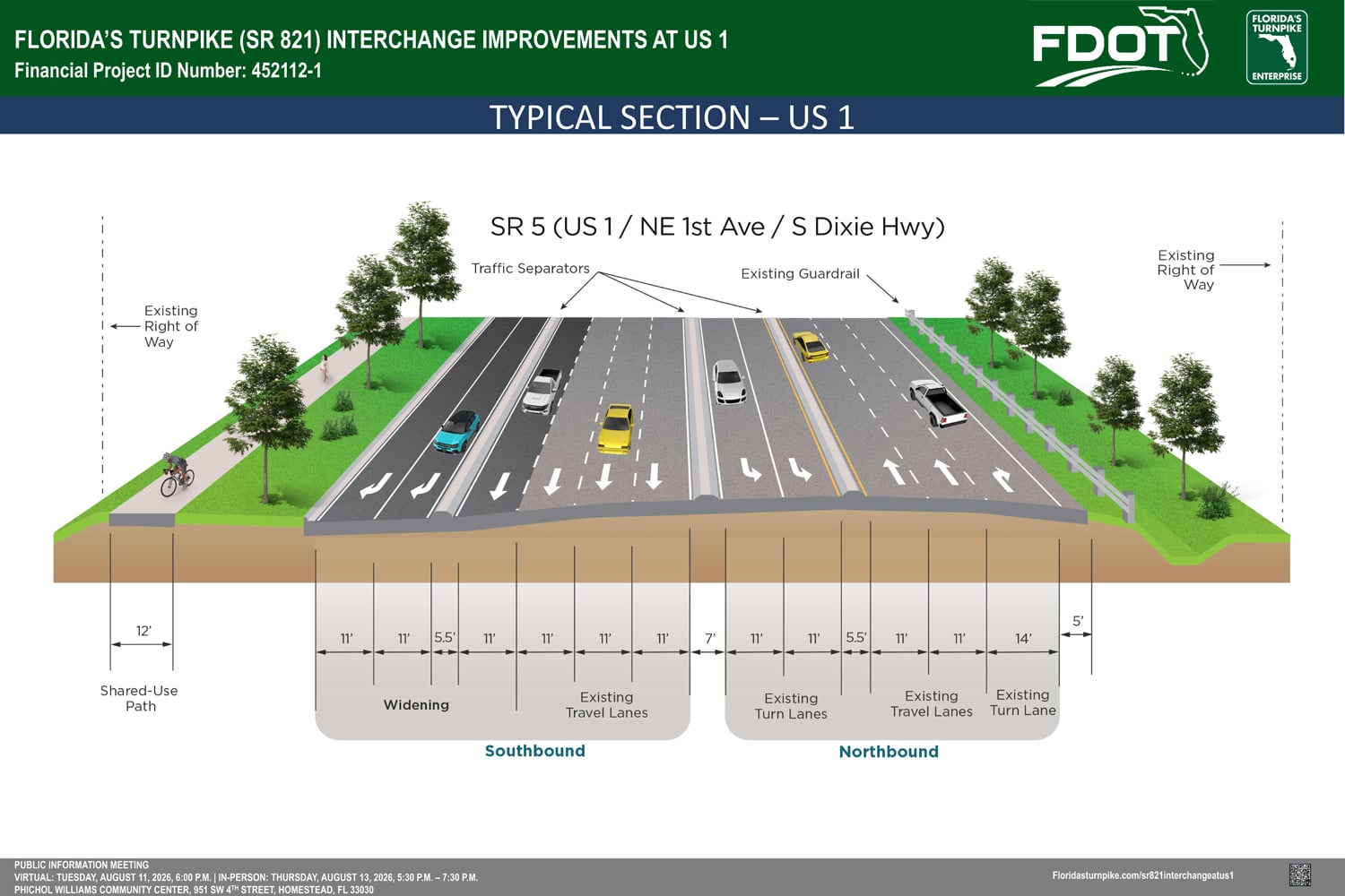 Diagram illustrating the typical section of SR 5 with traffic lanes, a shared-use path, and landscaping details.