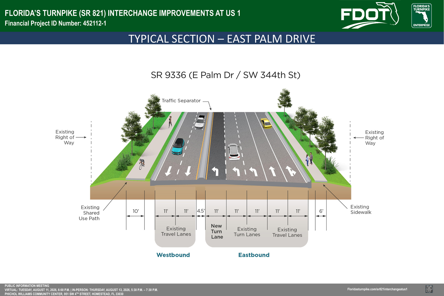 Diagram of East Palm Drive, showing lanes, a traffic separator, shared use path, and existing sidewalk for pedestrian access.
