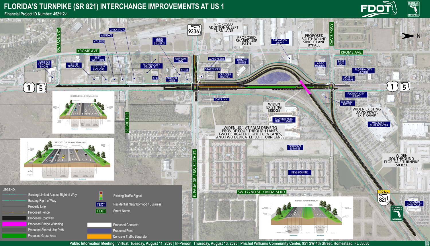 Map showing interchange improvements for Florida's Turnpike (SR 821) at US 1, with new lanes, bridges, and business locations.