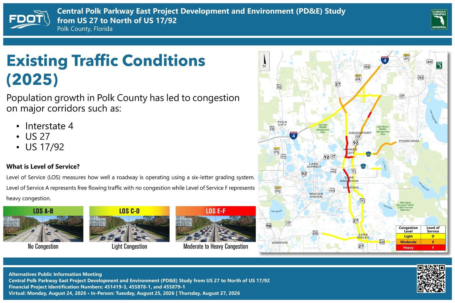 Map showing traffic conditions in Polk County, highlighting congestion levels on major roads like I-4 and US 27.