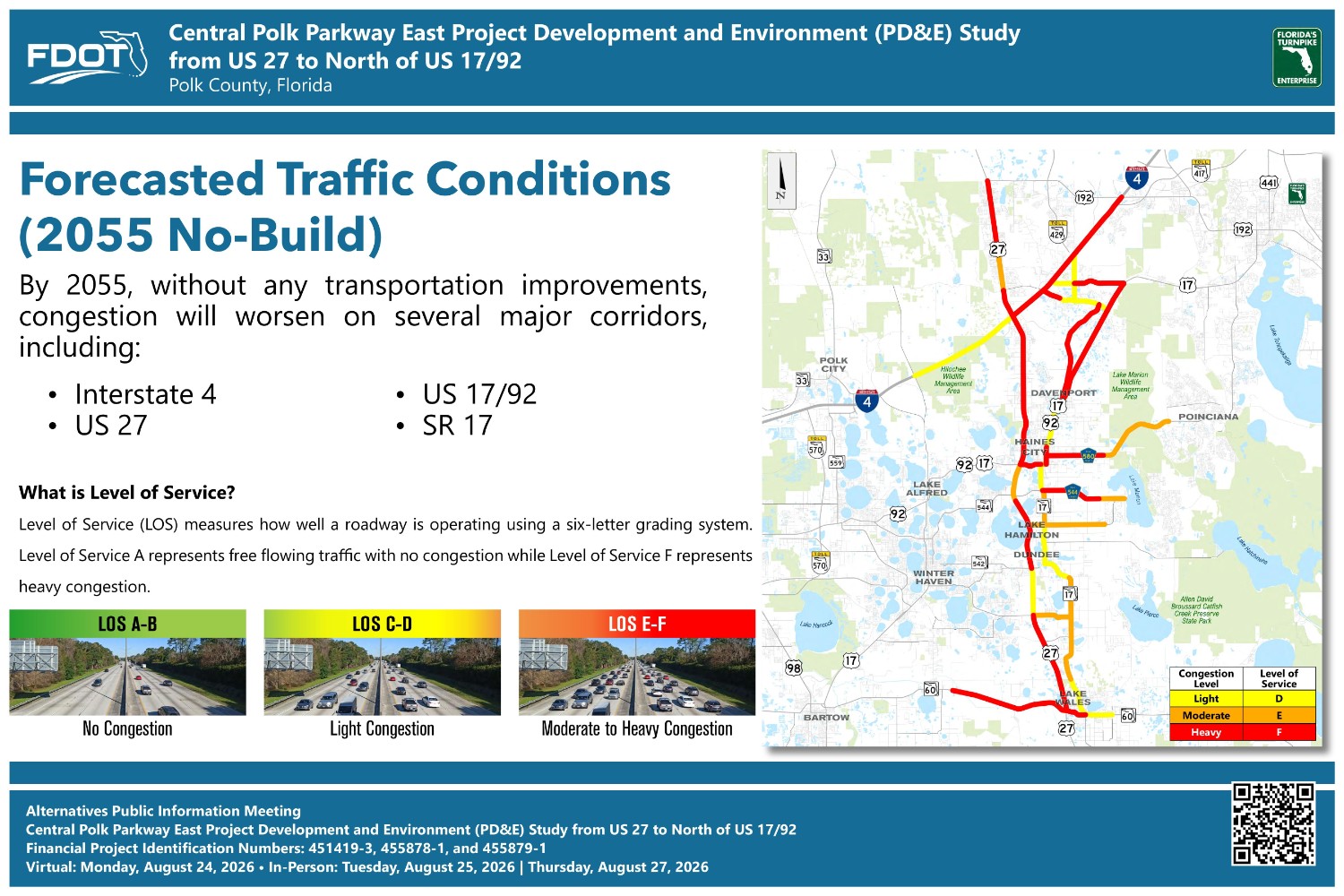 Map showing forecasted traffic conditions in Polk County, Florida for 2055, highlighting congestion levels on major roads.