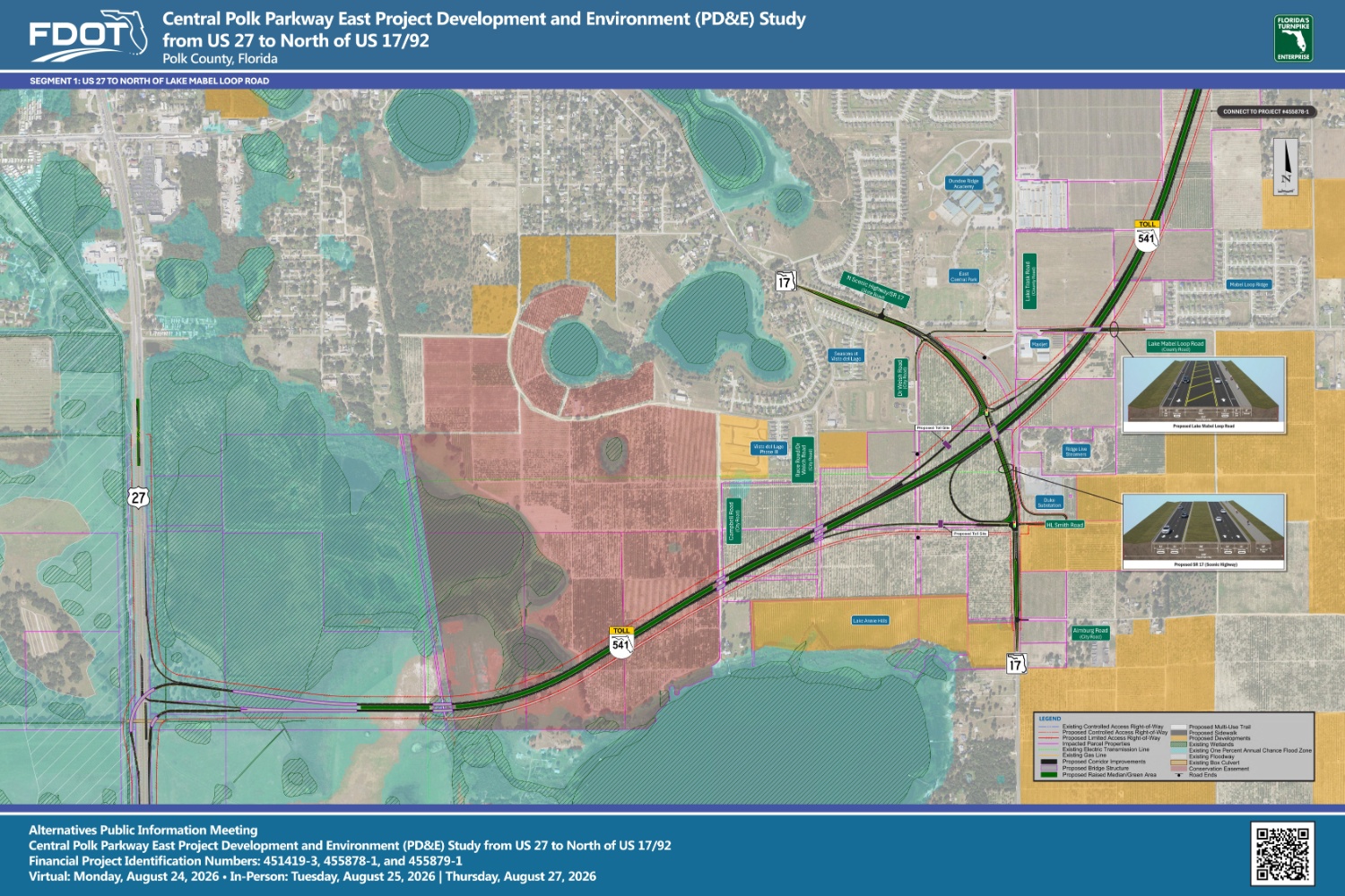 Map of Central Polk Parkway East project, outlining future road plans and land use in Polk County, Florida.