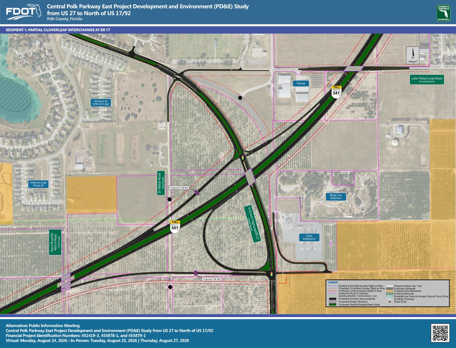 Map of Central Polk Parkway East Project detailing segment layout, routes, and proposed developments in Polk County, Florida.
