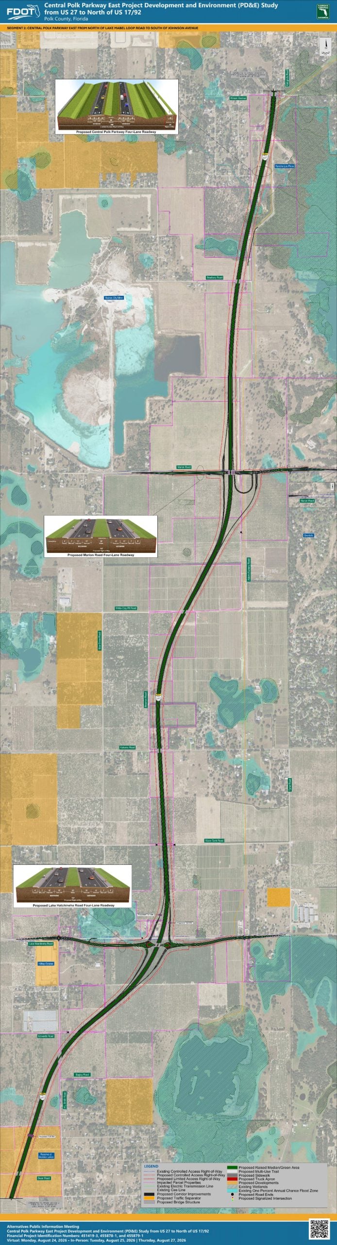 Map showing the Central Polk Parkway East project and proposed road designs with surrounding land use in Polk County, Florida.