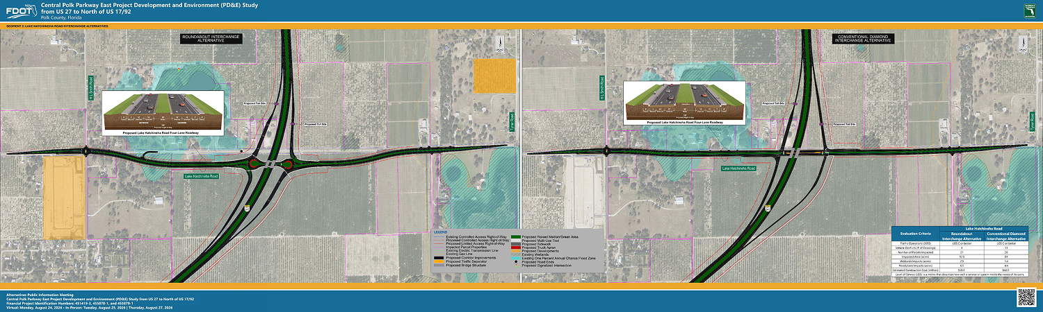 Map showing the Central Polk Parkway East project layout, including proposed routes and interchange details.