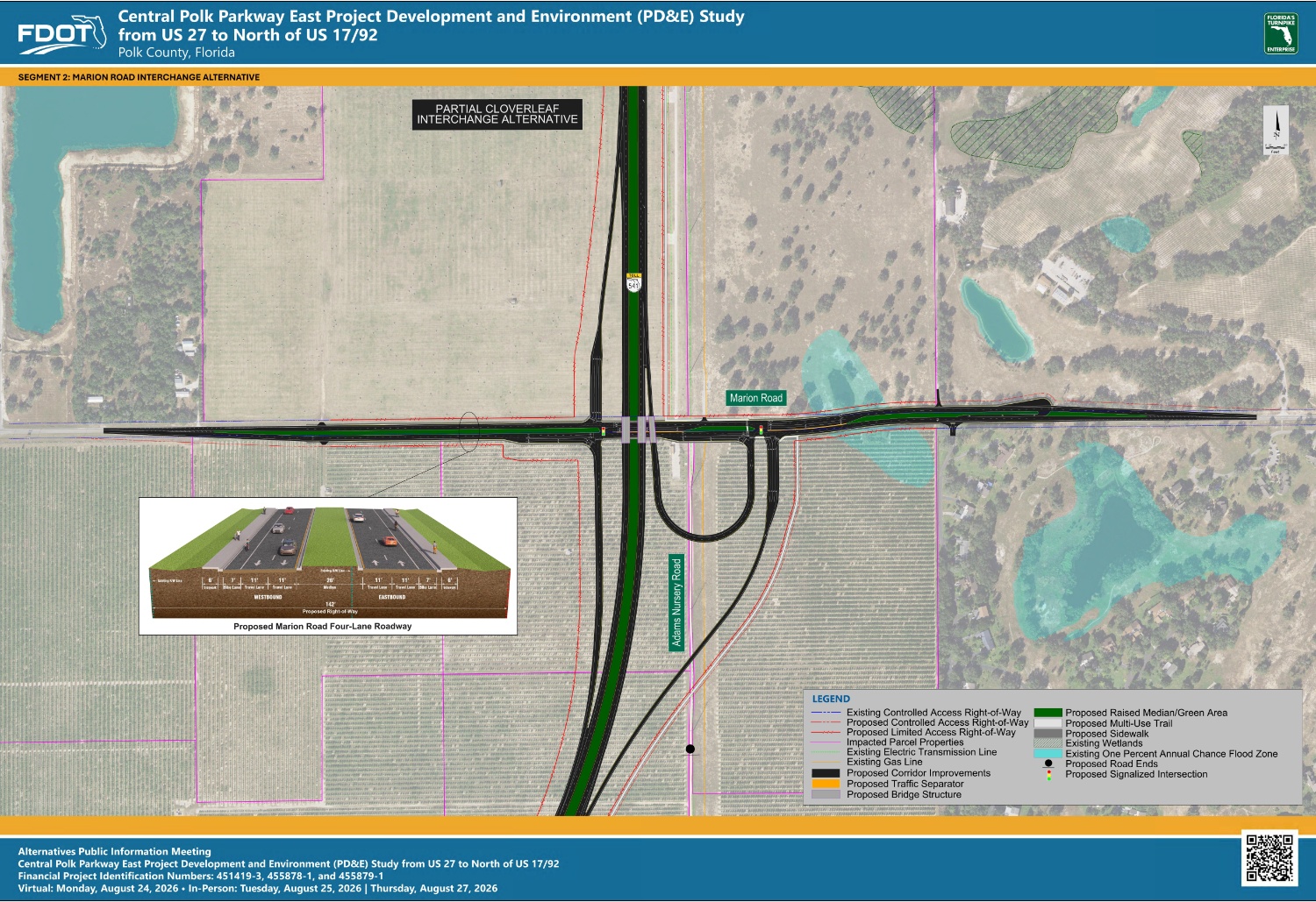 Map showcasing the Central Polk Parkway East project, highlighting proposed roadway changes and interchange designs.