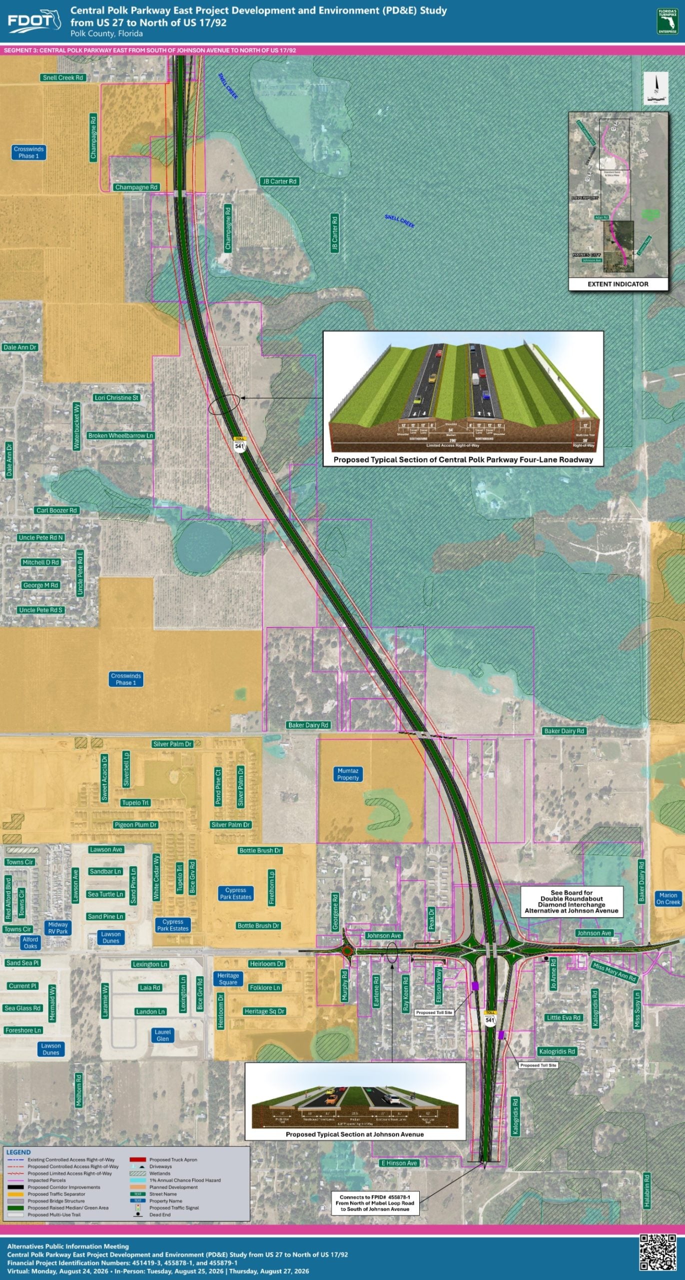 Map showing the Central Polk Parkway East study area, highlighting roads, intersections, and project details in Polk County, FL.