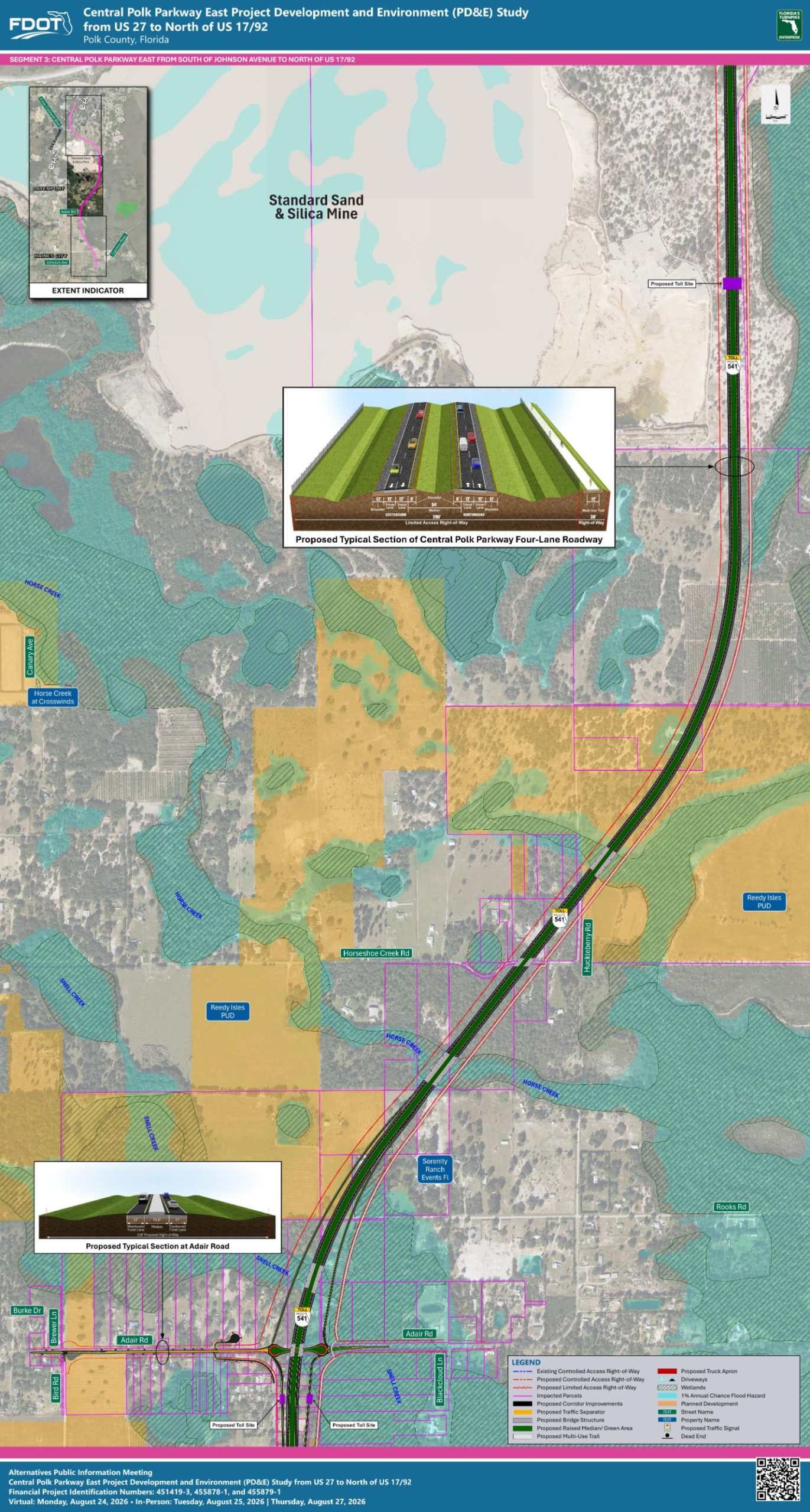 Map of Central Polk Parkway East Project in Florida, showing proposed road sections, land use, and key landmarks.