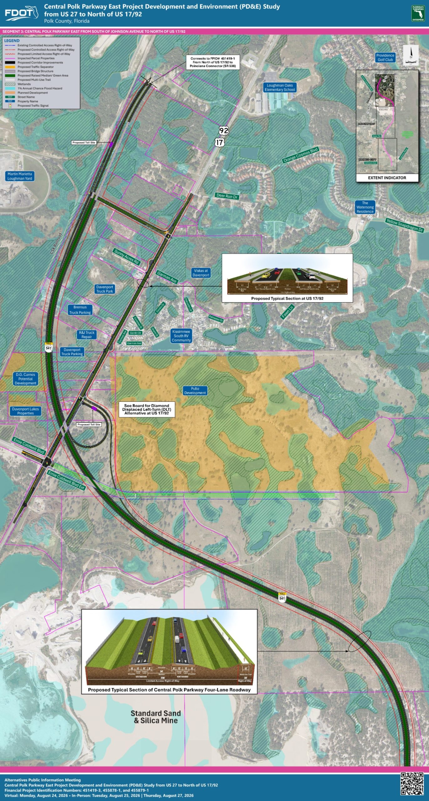 Map of Central Polk Parkway East project, showing proposed road sections, surrounding areas, and key connections in Florida.