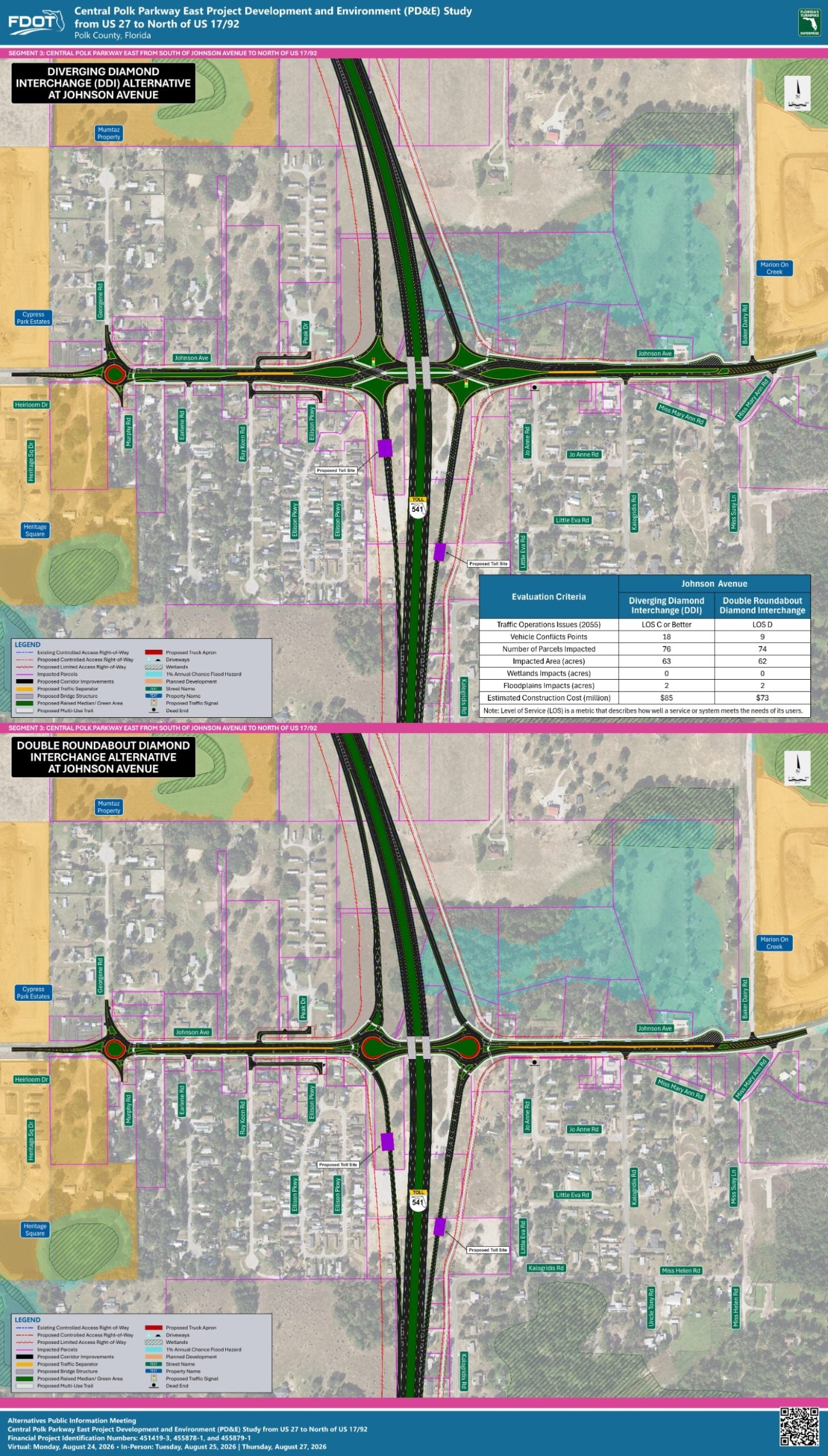 Map illustrating two interchange alternatives at Johnson Avenue: a Diverging Diamond Interchange and a Double Roundabout.