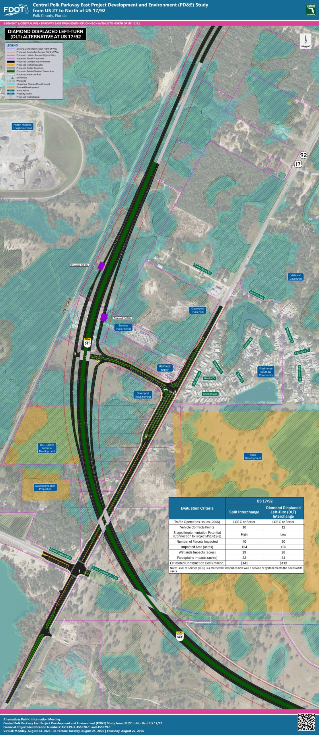 Map detailing the Central Polk Parkway East project in Florida, showing proposed roadways, intersections, and land use areas.