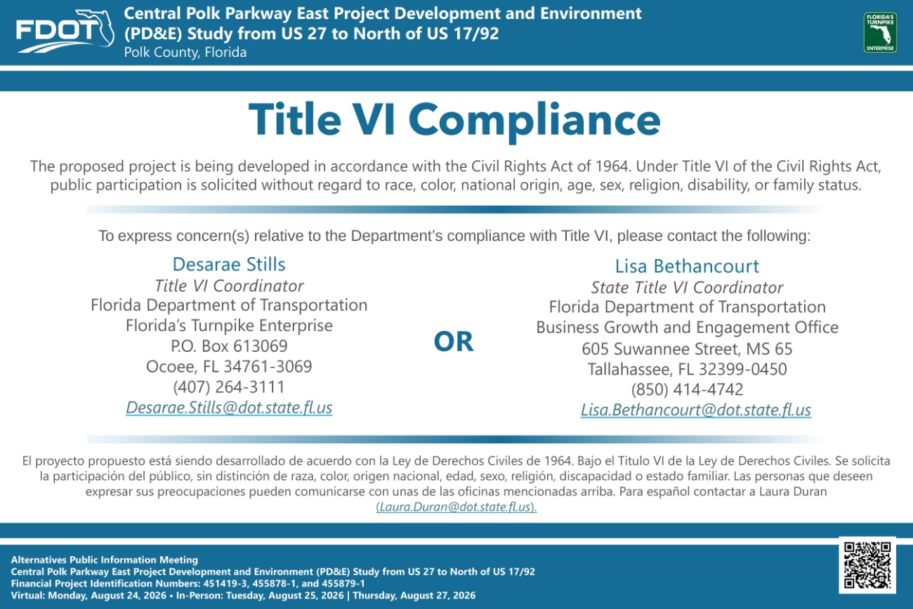 Title VI compliance notice for Central Polk Parkway East project, including contact info for concerns and public participation.