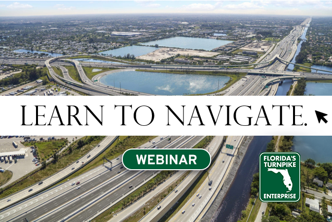 LearnToNavigate-Webinar-green-logo Aerial view of highways and water, promoting a Learn to Navigate webinar for Florida's Turnpike Enterprise.