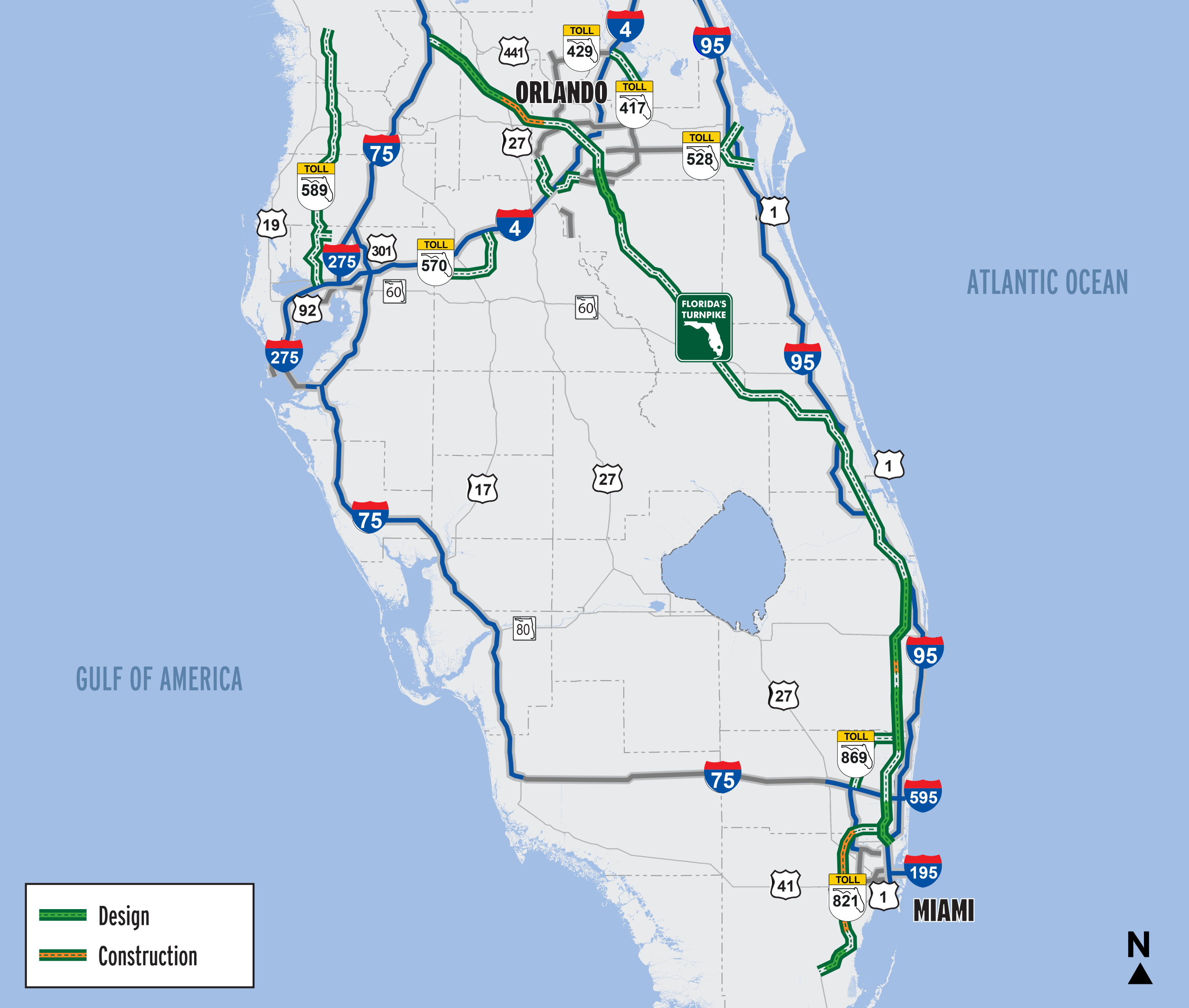 Map of Florida showing highways with routes for design (green) and construction (blue) between Orlando and Miami.
