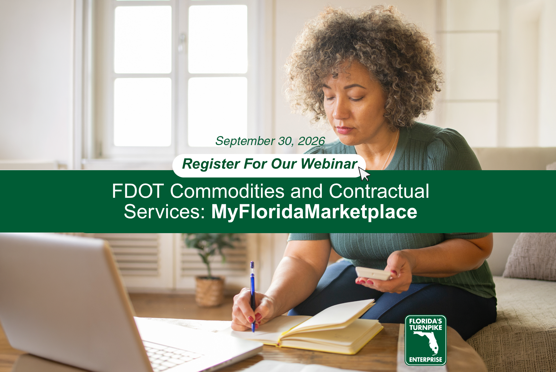 MyFloridaMarketplace-Webinar A woman sits with a laptop and notebook, concentrating on registering for a webinar about FDOT services.