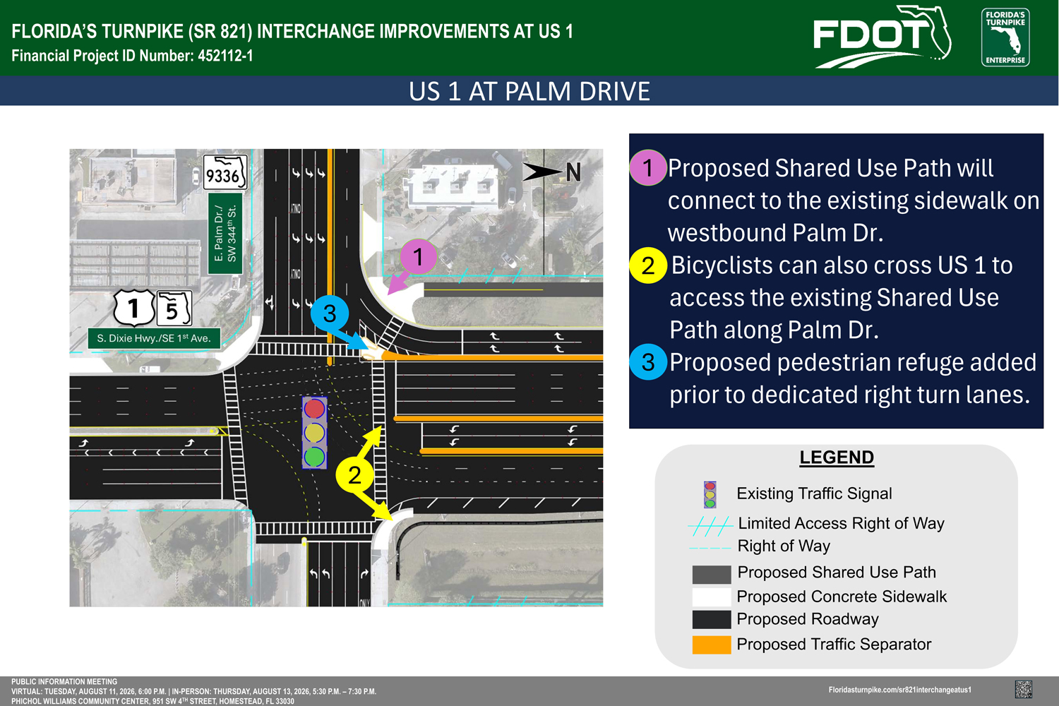 Map showing proposed improvements at the US 1 and Palm Drive interchange, including bike paths and pedestrian refuge areas.