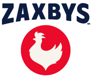 Logo of Zaxby's featuring bold text and a stylized white chicken silhouette on a red circle background.