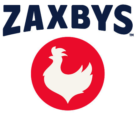 Logo of Zaxby's featuring bold text and a stylized white chicken silhouette on a red circle background.