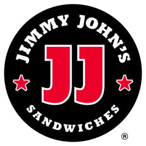 Logo of Jimmy John's featuring bold red JJ letters and text JIMMY JOHN'S SANDWICHES in a circular black design.