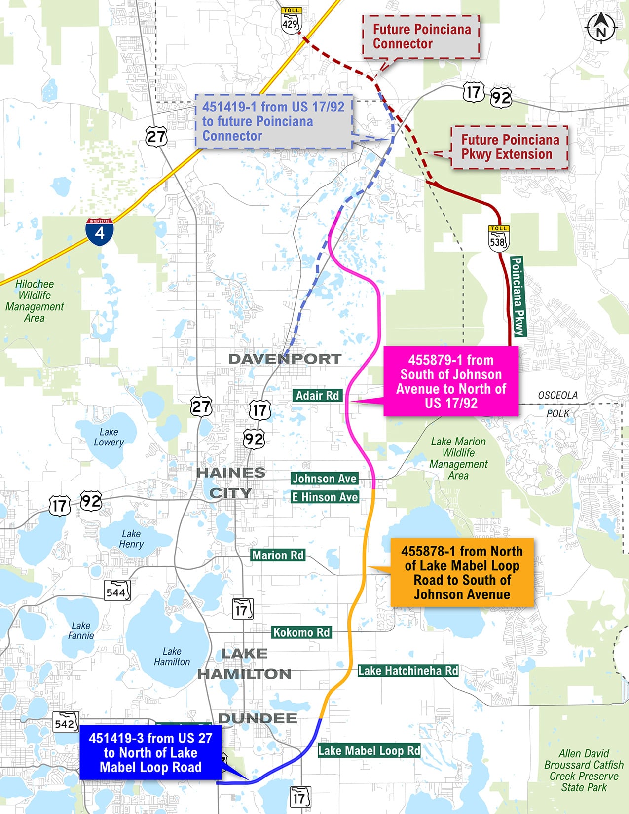 Map_8.5x11_CPPE_3_Segments_Website-medium-size Map showing future road connectors in Davenport and surrounding areas, including Poinciana Parkway extensions and routes.